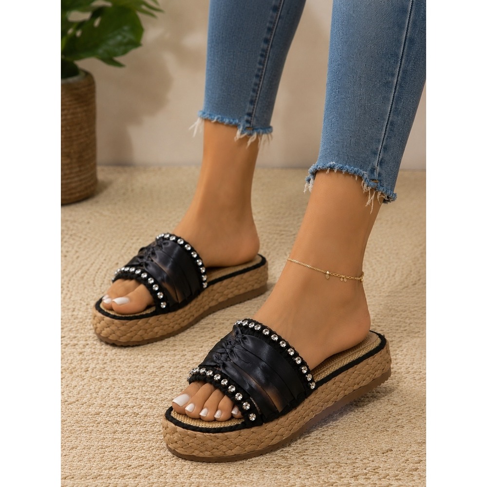 Circus NY by Sam Edelman Wyatt Black Rhinestone Satin Ribbon Espadrille Slides